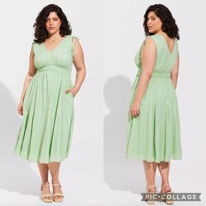 Torrid Green Midi Voile Tie Sleeveless Summer Window Pane Embroidered Dress 3X